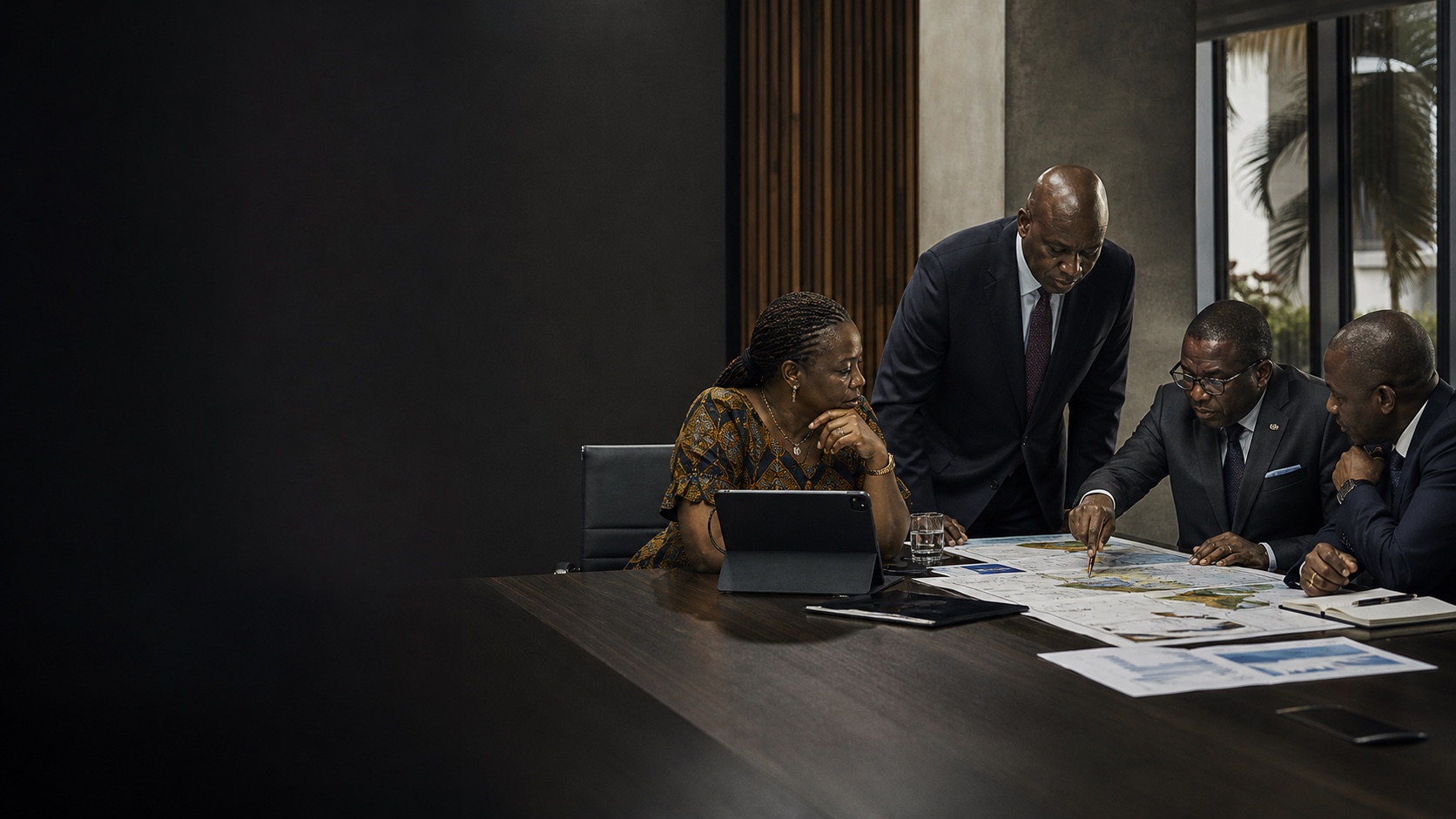 African executives examining transformation evidence before a board decision